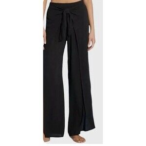Women's Summer Beach Cover Up pants Elastic Waist front tie Open Wrap black S/M